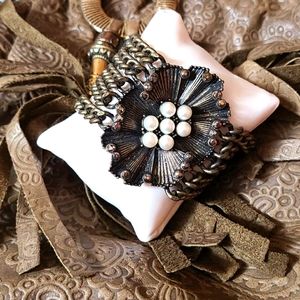 Magnetic Antiqued Gold Color Flower Bracelet